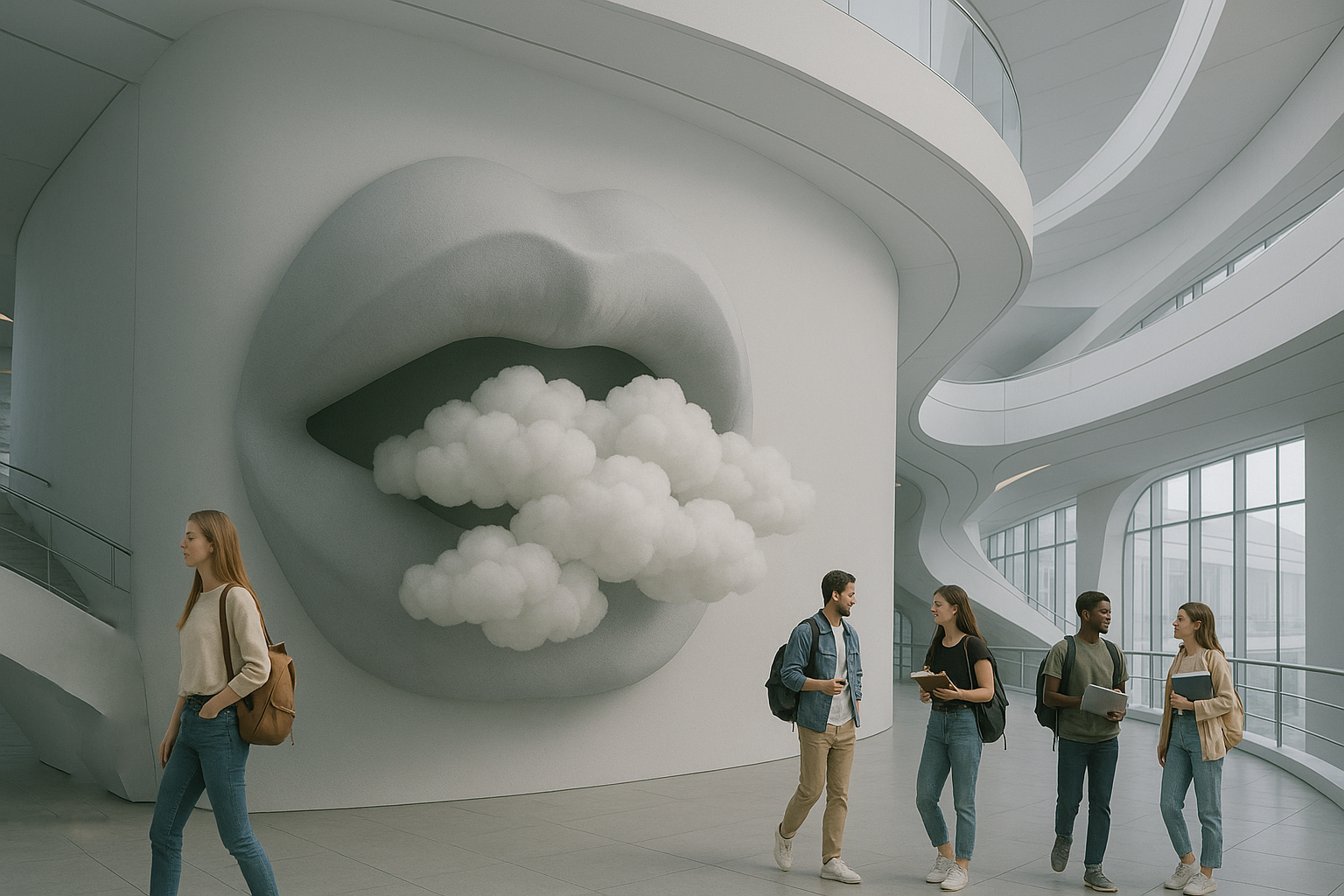 Installation futuriste, fondation représentant la bouche et les nuages, la parole représentant les idées, pour le module Yield
