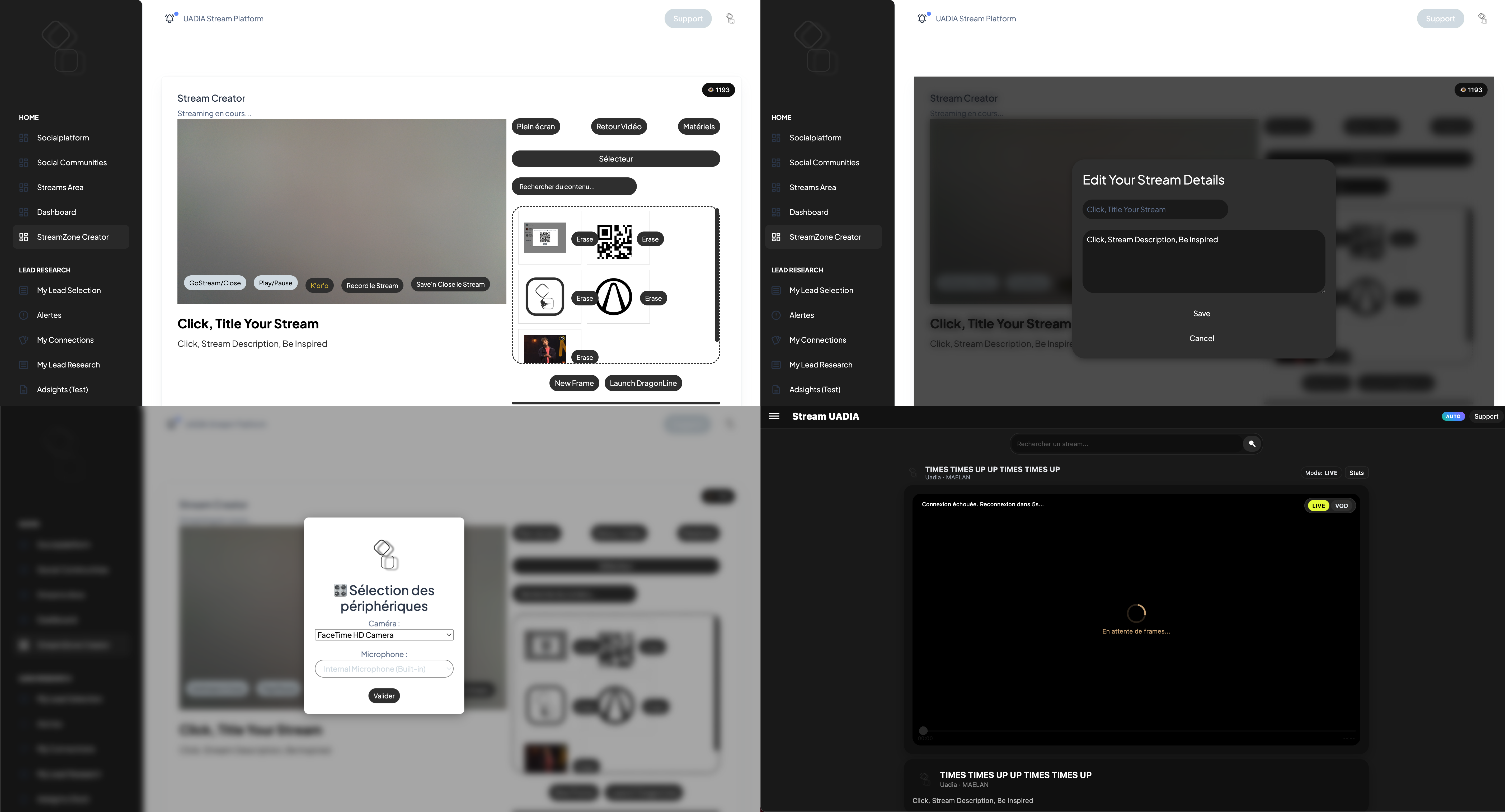 Interface complète UADIA Stream Creator avec zone de streaming, portfolio et contrôles créatifs