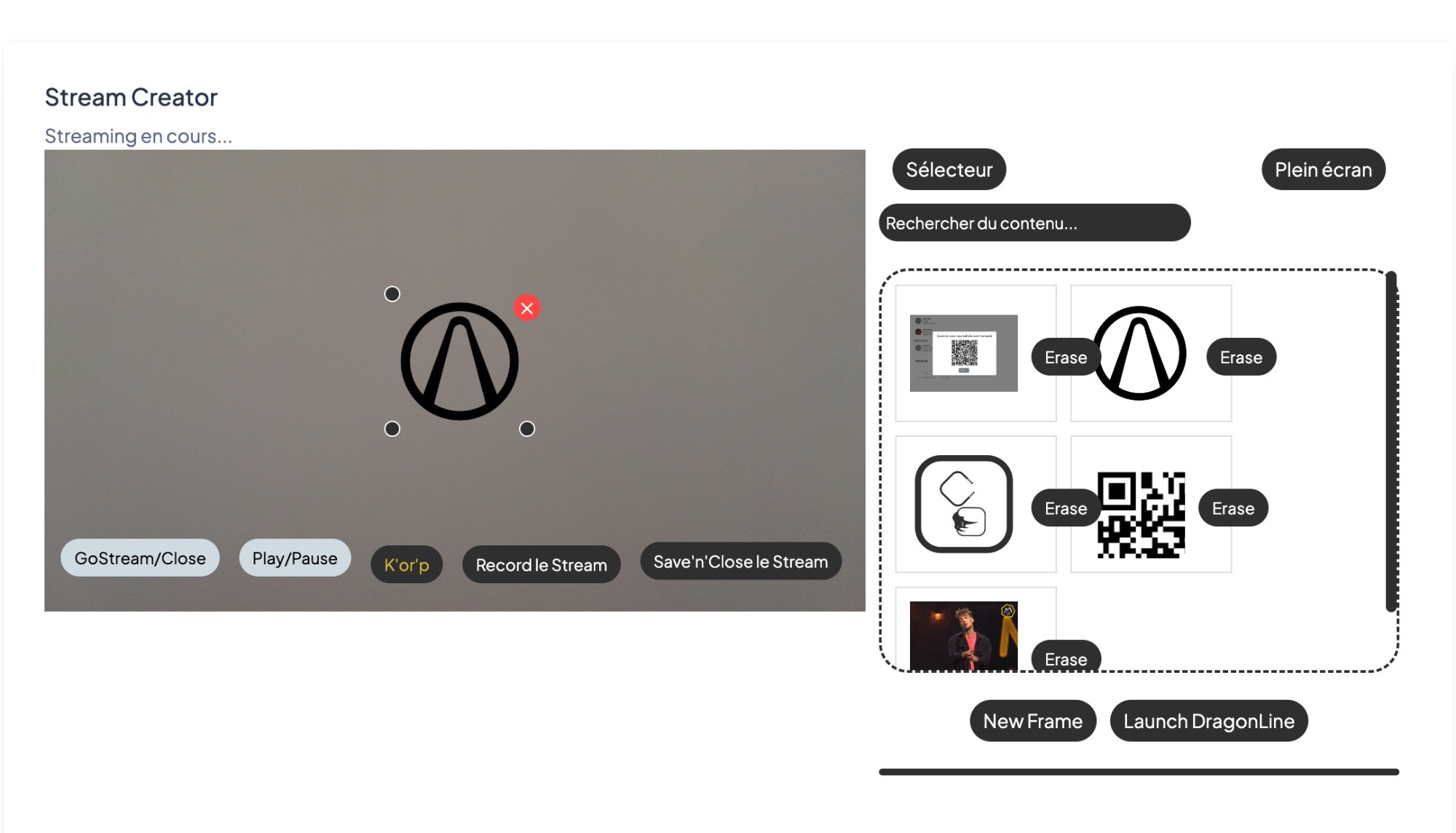 UADIA Stream Creator portfolio de contenus avec sélecteur DND et boutons Erase pour streaming WebTransport